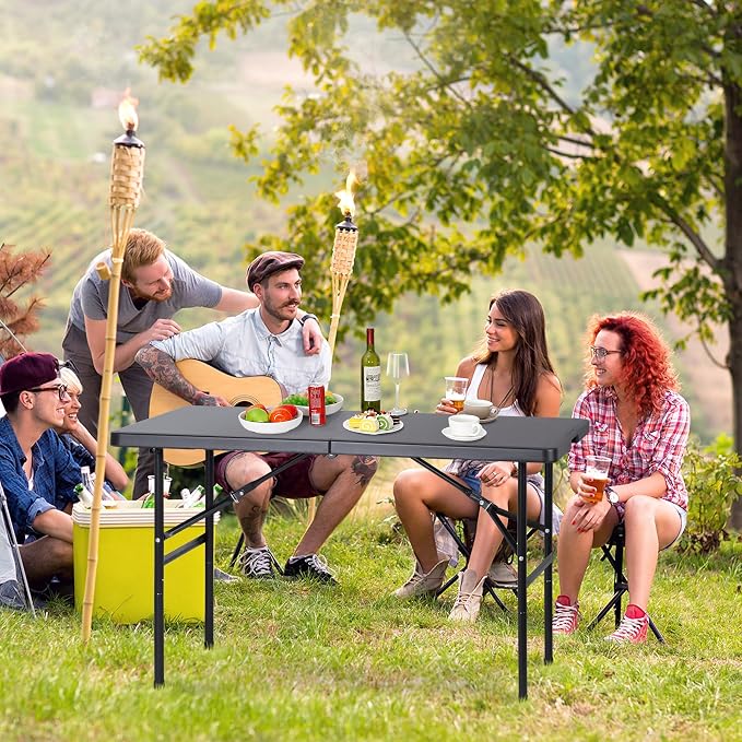 JupiterForce 4ft Folding Table, Indoor Outdoor Portable Plastic Picnic Table, Heavy Duty Rectangular Party Camping Dining Table with Carrying Handle, Black