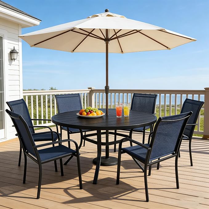 SUNCROWN 7 - Piece Outdoor Dining Set, Patio Furniture Set with 6 x Textilene Dinning Chairs and 53" Metal Round Table with Umbrella Hole for Lawn Garden Backyard Deck, Blue