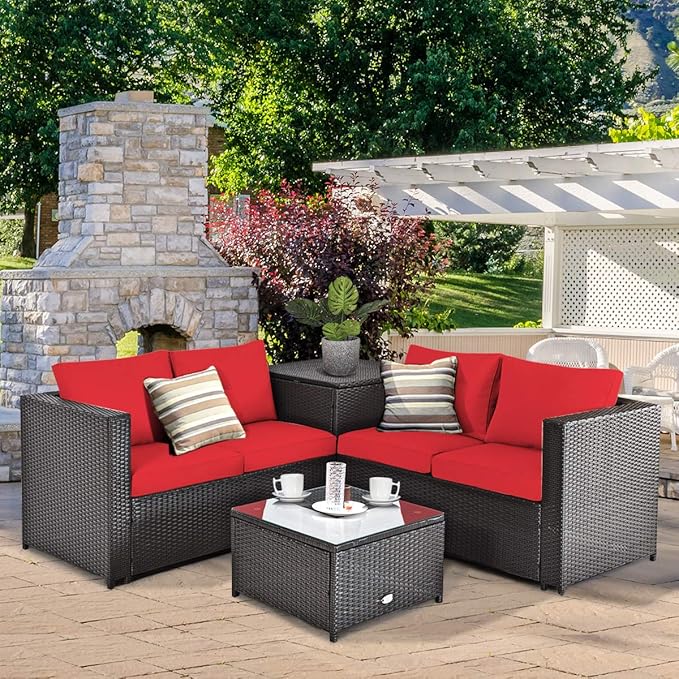 Tangkula 8 Piece Wicker Patio Set with Storage, All Weather-Proof Outdoor Conversation Set, with Loveseat, Glass Top Coffee Table & Storage Box, Suitable for Garden, Poolside, Sunroom (2, Red)