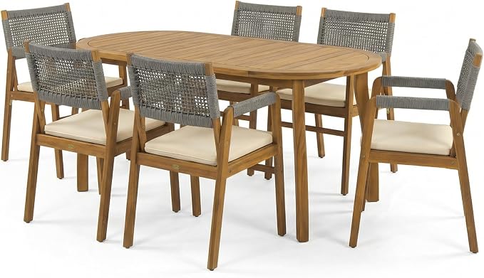 Christopher Knight Home Outdoor Dining Set with 70" Oval Acacia Wood Patio Table and 6 Rope Woven Dining Armchairs with Cushions, Teak Finish Outdoor Table and Chairs Set for Patio Deck Garden Dining