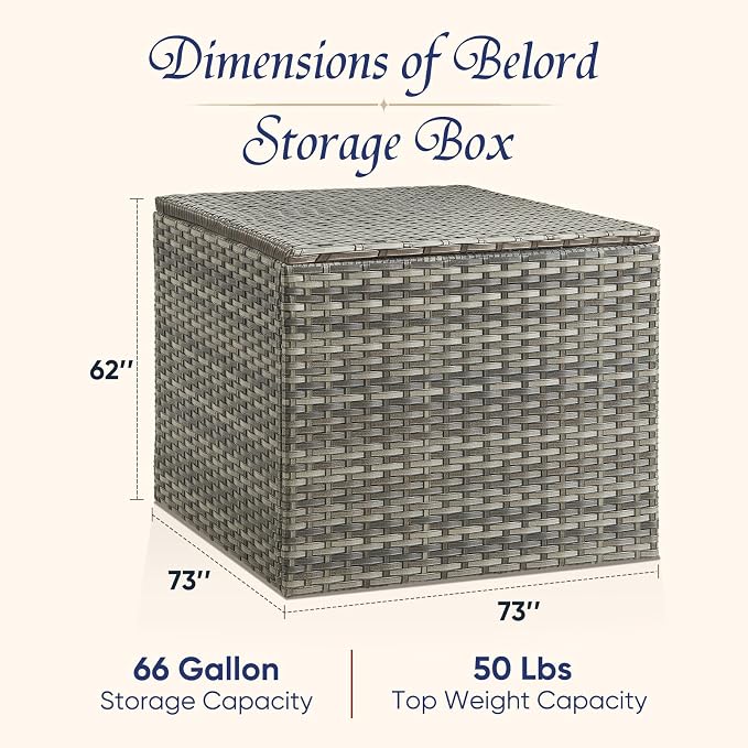 Belord Outdoor Storage Box Deck Box: 66 Gallon Wicker Water Resistant Patio Cushion Storage Box Compatible with Outdoor Sectional Sofa, Gray Wicker