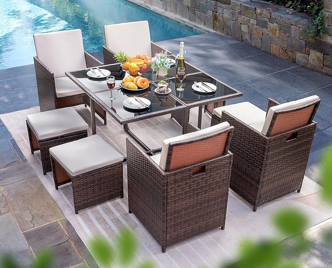 Homall 9 Pieces Dining Outdoor Furniture Patio Wicker Rattan Chairs and Tempered Glass Table Sectional Conversation Set Cushioned with Ottoman (Brown)