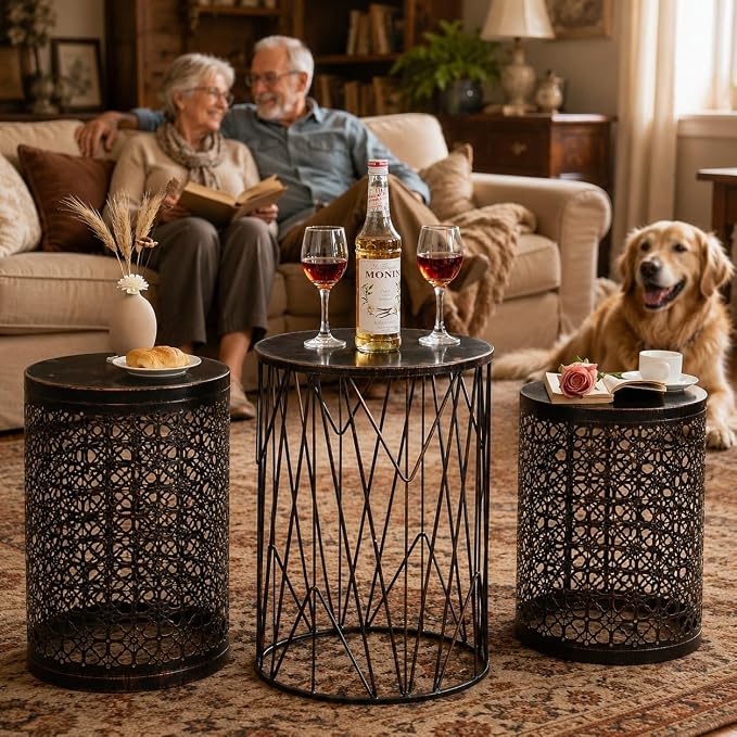 Y&M Set of 3 Meatal Round Side Tables, Multifunctional Coffee Table End Table for Indoor, Outdoor Garden Stool-Black with Bronze
