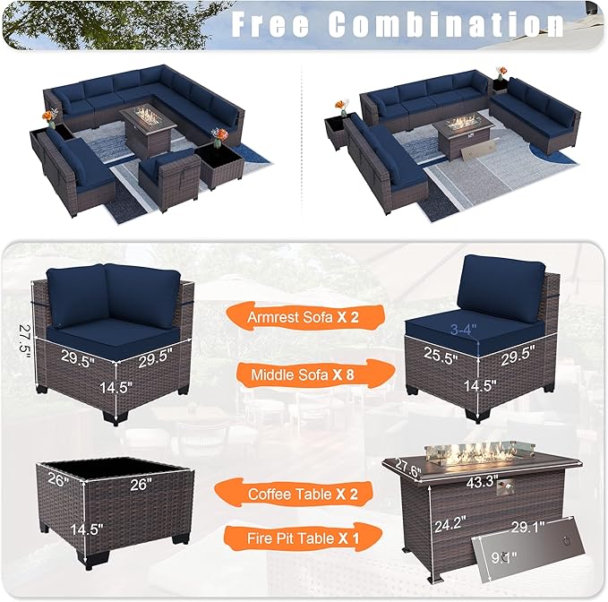 Patio Furniture Set with Fire Pit Table 13-Pieces Outdoor Sectional Furniture Outdoor Rattan Patio Conversation Sets with 43in Propane Gas Fire Pit Table and Glass Table, Navy Blue