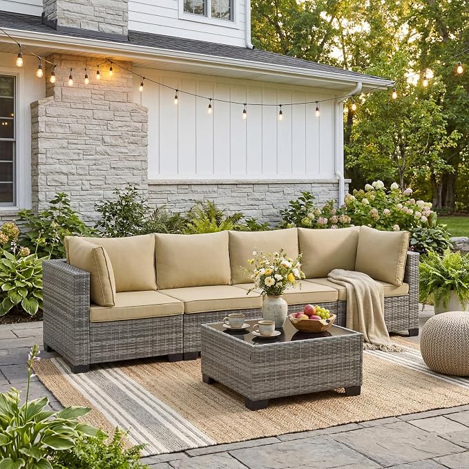 ANJ 5 Piece Outdoor Wicker Patio Furniture Set, Modular Loveseat Sofa with with Glass Top Coffee Table, All-Weather Rattan Conversation Couch Set for Balcony, Backyard, Light Grey Wicker-Camel