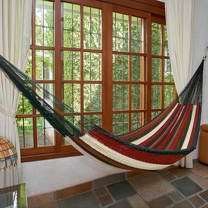 NOVICA Artisan Handmade Hammock Unique Striped Mayan Single Green Earthtone Nylon Mexico Rope Backyard Barbeque 'Mother Earth' (Single)