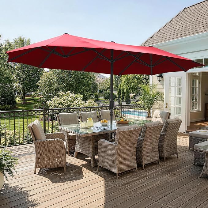 13 ft Patio Umbrella, Large Rectangle Outdoor Umbrella with Strap, Crank, Red