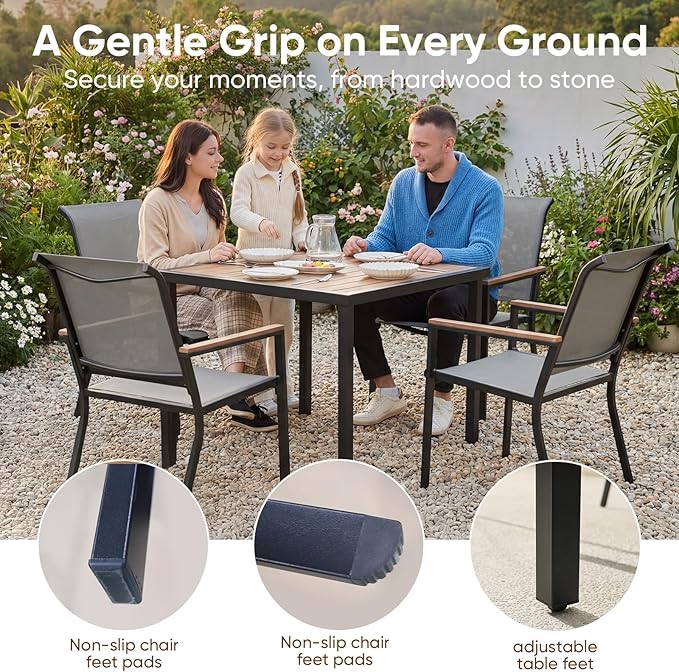 NATURAL EXPRESSIONS HDPS Patio Outdoor Table and Chairs Set for 4, Patio Dining Set with 4 Textilene Chair and 36” Square Fauxwood Patio Table with Umbrella Hole for Garden, Backyard, Deck (Grey)