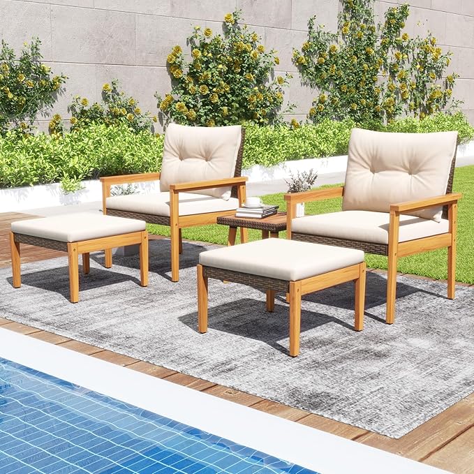 Tangkula 5 Piece Rattan Furniture Set, Wood Frame Chairs & Ottomans w/Square Coffee Table, Space Saving Cushioned Wicker Patio Conversation Set for Backyard, Poolside (Off White)