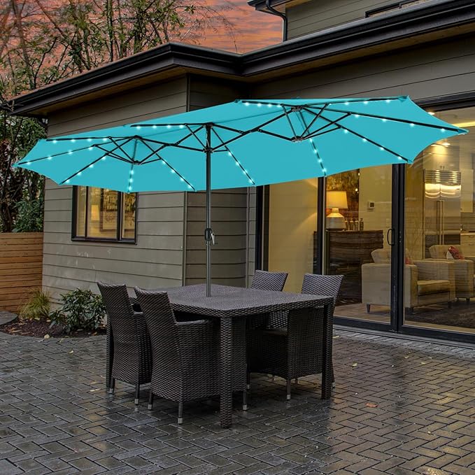 Tangkula 15 Ft Solar Patio Umbrella, Double-Sided Extra Large Outdoor Market Table Umbrella with 48 LED Lights, Crank Handle, 12 Sturdy Ribs for Poolside, Garden & Backyard (Turquoise)
