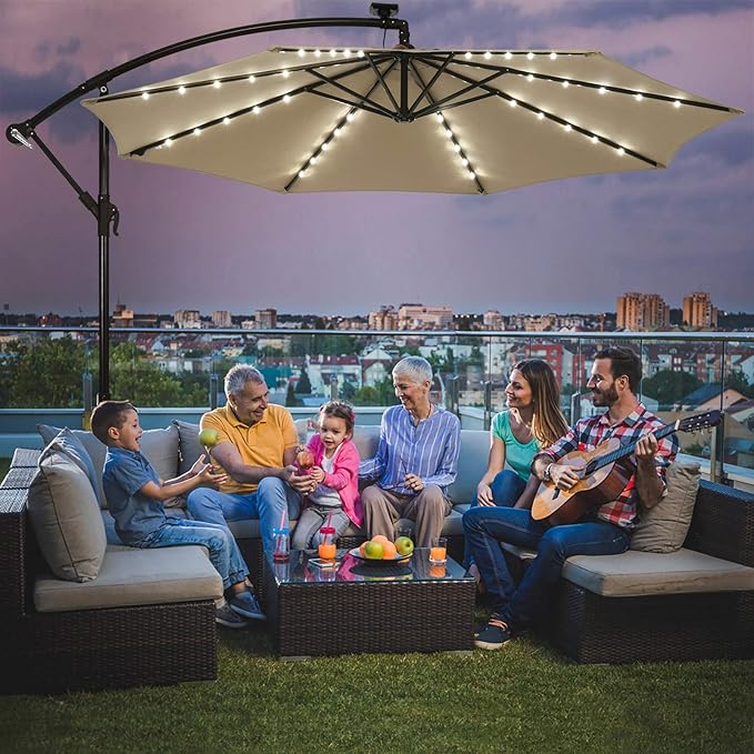 Tangkula 10 Ft Patio Offset Umbrella, 40 LED Lighted Market Umbrella W/8 Sturdy Ribs, Easy Tilt Adjustment & Crank, Polyester Shade, Ideal for Backyard, Garden, Seaside, Store, Pool (Tan)
