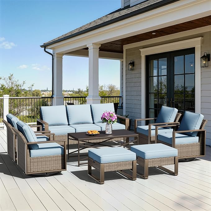 8 Pieces Metal Wicker Patio Furniture Set - 75" Sofa, Four Swivel Chairs and Two Ottomans, One Coffee Table All Weather Rattan Outdoor Conversation Furniture with Washable Cushion for Deck, Baby Blue