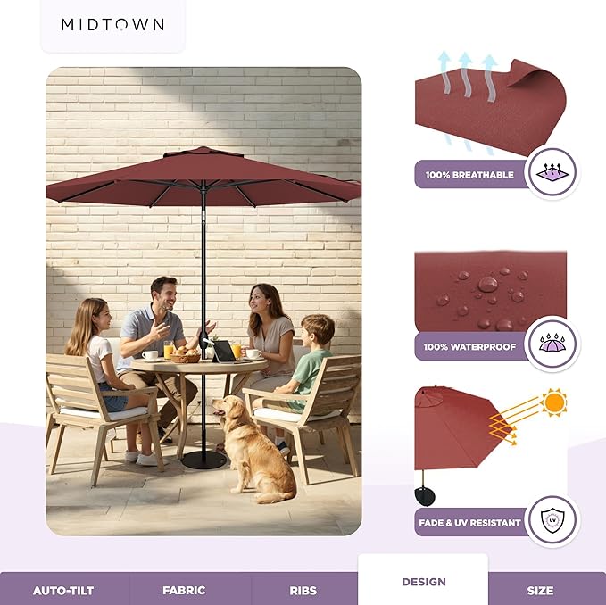 Midtown Umbrellas - 10-Year-No-Fade 9 Ft Patio Umbrella with Terylast Fabric, Auto-Tilt Aluminum Frame and 8 Reinforced Ribs for Deck, Pool, Garden & Beach - Cherry Burgundy Canopy, Black Pole