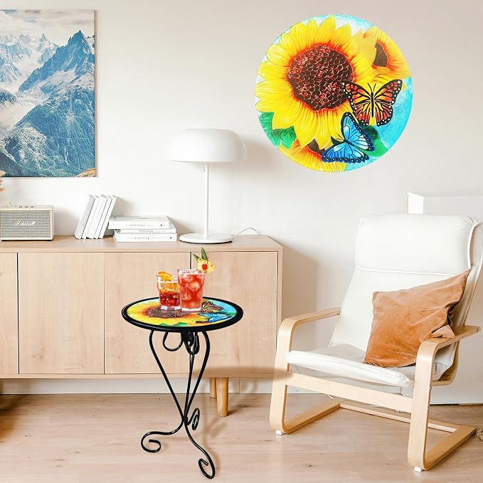 Sunflower Butterfly Side Table with Glass Top & Metal Base Furniture Decor | Manortang; 12 Inch; Side Table; Glass Top & Metal Base; Living Room Decor; handicrafts; Indoor & Outdoor; Great gift choice
