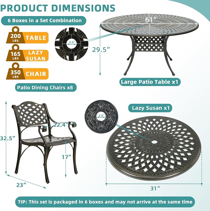 MEETWARM 9-Piece Outdoor Patio Table and Chairs Set, All Weather Cast Aluminum Patio Dining Set- 8 Chairs, 61" Round Patio Dining Table with Detachable Lazy Susan, Umbrella Hole, Dark Bronze