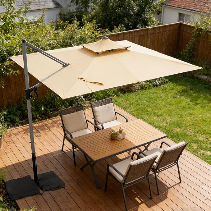 Patio Umbrella, Rectangle Outdoor Cantilever Umbrella, Aluminum Offset Umbrella with Champagne Frame for Pool Deck Garden Outdoor shade for Garden Deck Pool Patio, Beige(Weighted Base Not Include)