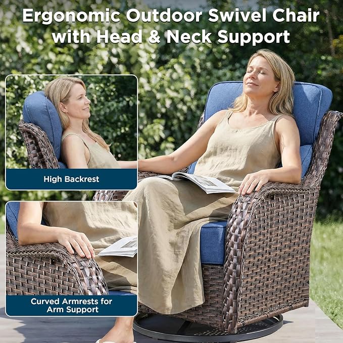 Luxury Patio Furniture Set with Fire Pit Table-4 Pieces High Back Wicker Swivel Rocker Chairs with 6" Extra Thick Cushions, Outdoor Patio Conversation Sets for Garden Deck(Brown/Blue)