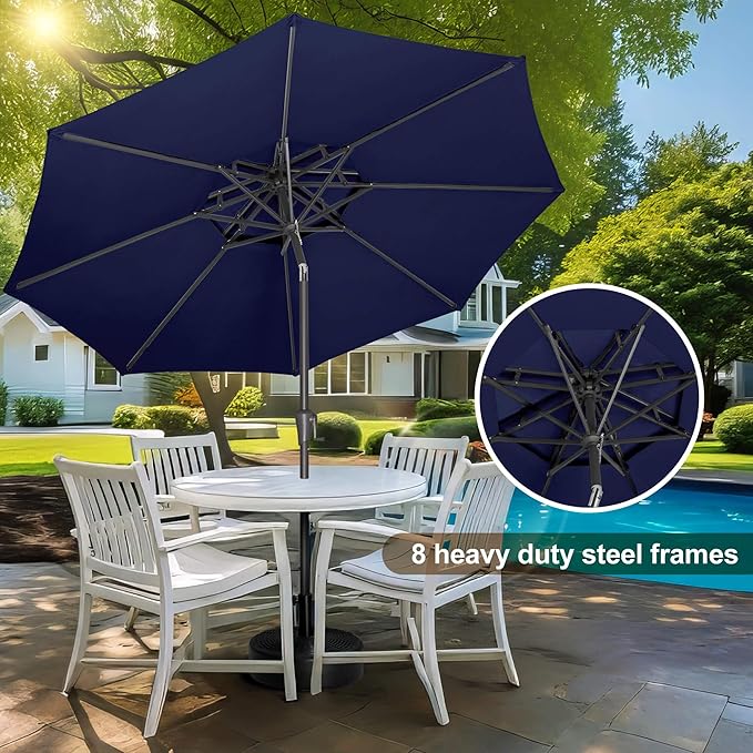 FLAME&SHADE 9ft Patio Umbrella - 2 Tiers Outdoor Umbrella with Push Button Tilt and Crank for UV Protection, Table Market Umbrella for Garden, Deck, Backyard, Pool and Beach(Navy Blue)