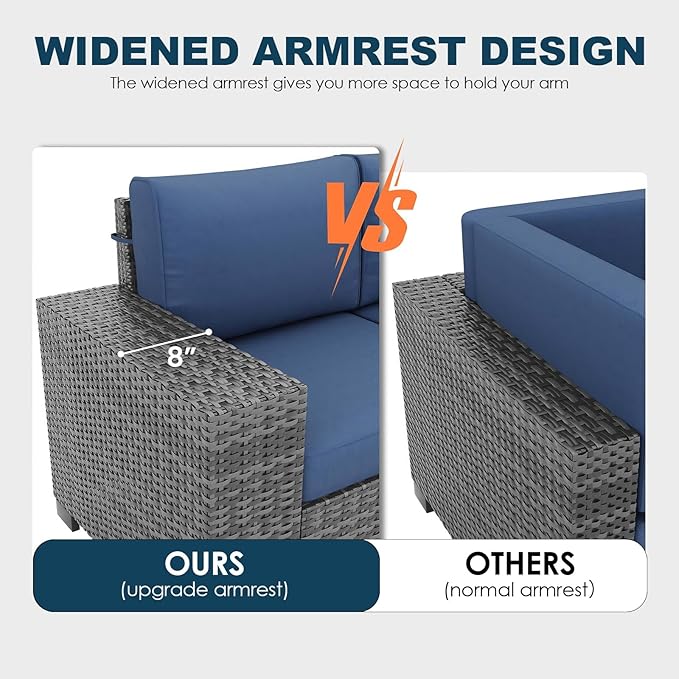 13 Piece Patio Furniture Set with Fire Pit Table, Outdoor Conversation Sets Grey Wicker Rattan Sectional Sofa, 4'' Thickened Cushion Navy Blue