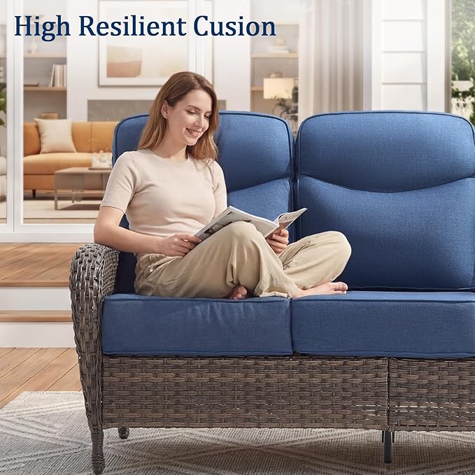 Outdoor Swivel Rocking Chair Patio Set (9pcs) High-Back - Thick Cushion Swivel Rocking Chair Patio with Fire Table Set, All-Weather Wicker Patio Furniture Set, Suitable for Balcony Patios, Brown/Blue