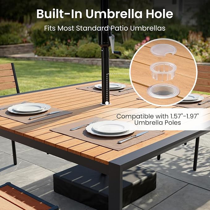 9-Piece Outdoor Dining Set, 56" Square Table and Stackable Arm Chairs | Aluminum Frame Umbrella Hole and All-Weather Wood Grain Patio Furniture for 8 for Garden, Patio, Backyard, Brown
