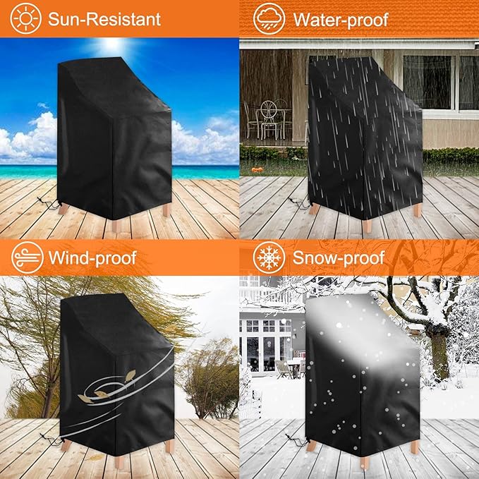 Waterproof Stackable Chair Covers, Uranshin Outdoor Patio Furniture Covers Stacked Chairs 210D Oxford Lounge Chair Covers Outdoor Stack Chairs for All Weather Protection (25"L x 25"W x 47”H (2PCS))