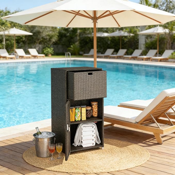 Tall Outdoor Storage Box and Wicker Deck Box Cabinet with Magnetic Doors and Drawer, Resin Rattan Patio Organizer for Poolside Towels and Garden Tools, 23.6 x 23.6 x 47.2 Inches, Dark Brown