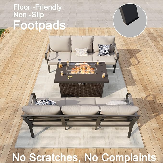 3 Pieces Patio Furniture Set, Metal Outdoor Conversation Sets with Fire Pit Table for Backyard Garden Deck Porch Poolside (Thick Beige Cushions)