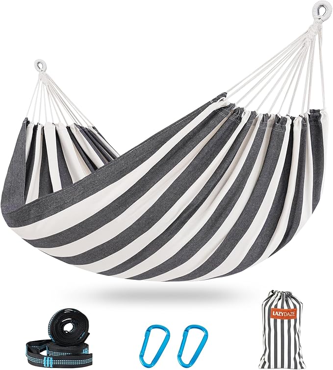 Lazy Daze Hammocks Extra Large Double Hammock, Portable Camping Hammock with Travel Bag & Tree Straps for Outdoor, Camping, Backyard, Patio, 550lbs Capacity, Black & White