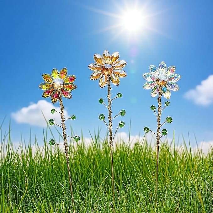 3Pcs Crystal Sunflower Suncatchers Glass Plant Suncatcher with Metal Stake