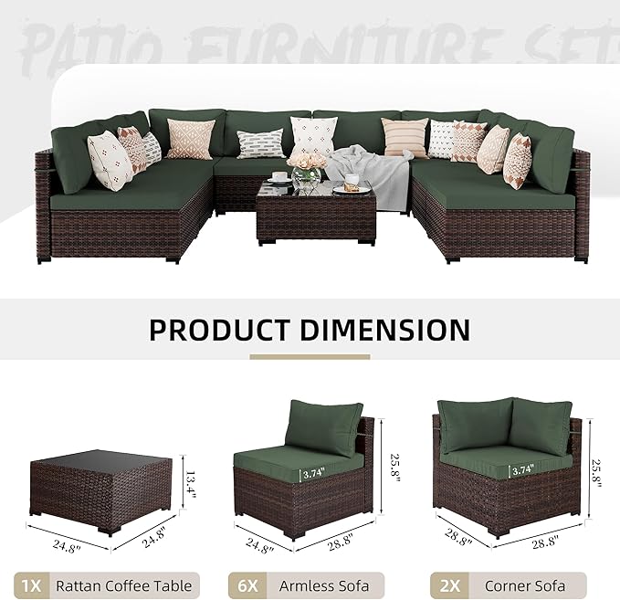 UPHA 9 Pieces Patio Furniture Sets, Wicker Outdoor Sectional Sofa Couch with Coffee Table, Patio Conversation Set for Deck Backyard Garden, Brown Rattan, Pine Green Cushion