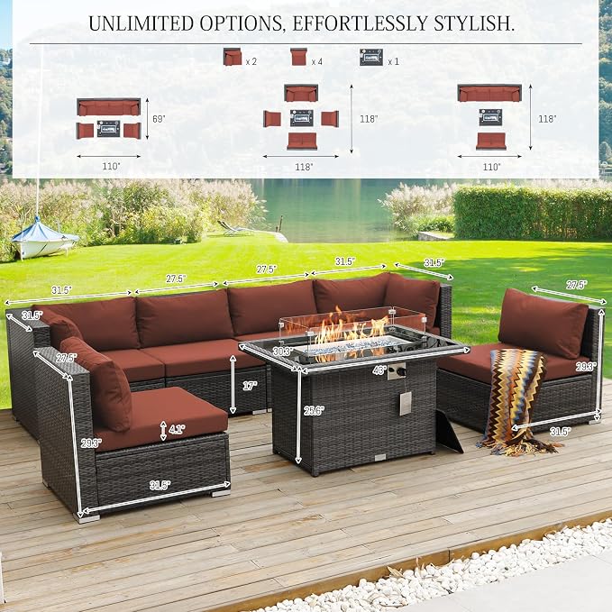 BULEXYARD 7 Piece High Back Outdoor Furniture Set with Fire Pit, Durable All Weather Wicker Patio Couch Sofa Set, Large Size Modular 6-Seater Sectional Backyard Seating Wide Deep for Lawn, Grey & Red