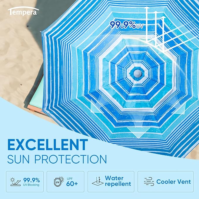 Tempera Heavy Duty High Wind Beach Umbrella with Sand Anchor & Carry Bag | Patio Outdoor Umbrella with Aluminum Frame and Push Button Tilt, Ideal for Travel Garden Lawn, UPF 60+