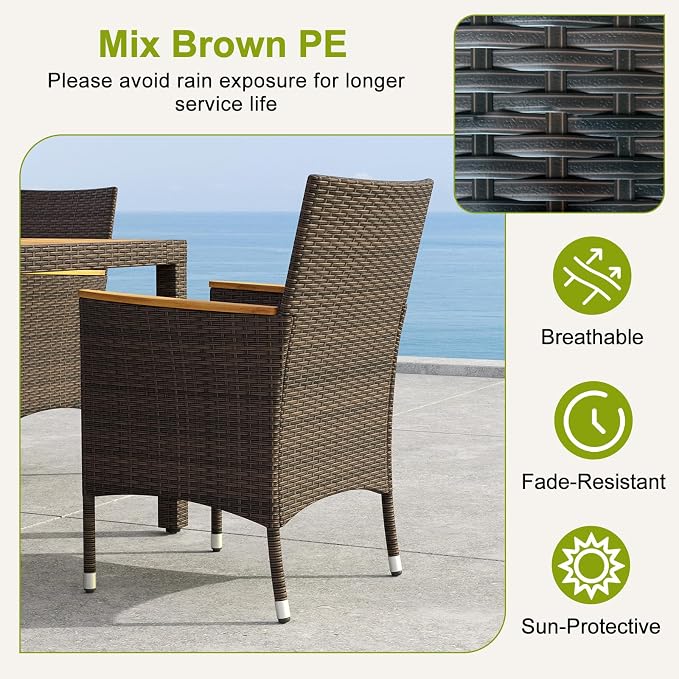9 Pieces Patio Dining Set for 8, Outdoor Acacia Wood Table and PE Rattan Chairs with 2" Umbrella Hole, Cushions, Wicker Outdoor Dining Furniture Set for Backyard, Garden, Deck(Beige)