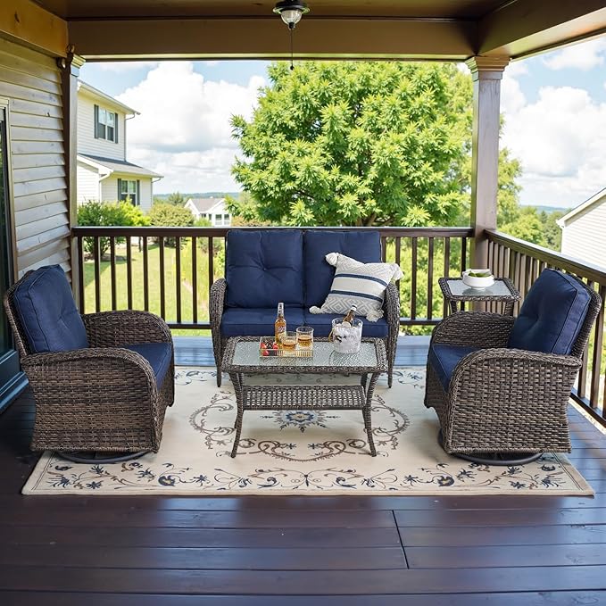 Belord 5-Piece Patio Furniture - Outdoor Conversation with Deep Seating Swivel Rocker Chairs Loveseat and Rattan Coffee Table, Brown with Blue Cushion