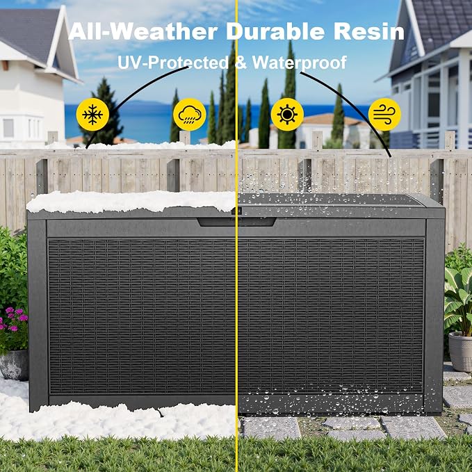 ROJIK 120 Gallon Deck Box Outdoor, Waterproof Outdoor Storage Boxes with Lids, Outside Resin Lockable Storage Box for Patio Cushions, Garden Tools(Black)