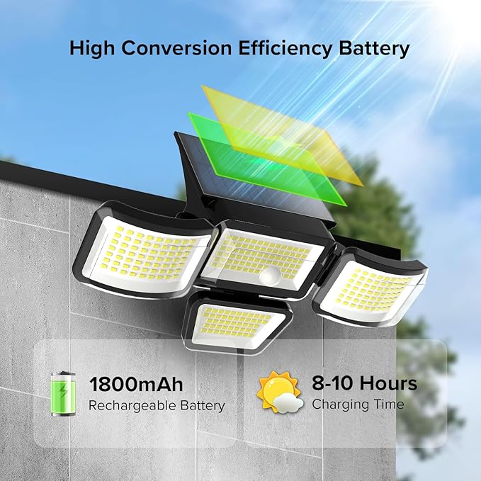 JJX Solar Outdoor Lights 3000LM 278 LED, 1 Pack 4-Head Motion Sensor Outdoor Lights, 6500K IP65 Waterproof 4 Lighting Modes Solar Security Light for Yard Garden Driveway with Remote Control