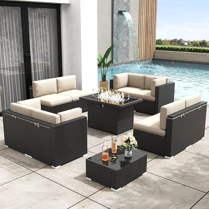 Patio Furniture Set with Fire Pit Table, 10 Pieces Outdoor All-Weather Wicker Conversation Sectional Chair Sofa Set