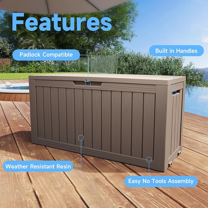 Pepe Tee Waterproof Resin Deck Box, Outdoor Storage Bin for Patio Furniture Cushions, All-Weather Garden Organizer & Seating Bench, Coffee