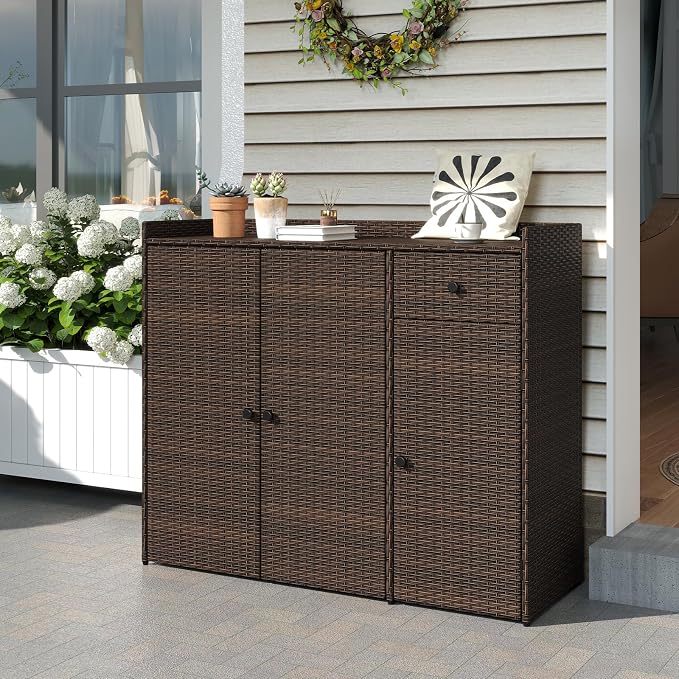 Tangkula Rattan Outdoor Storage Cabinet, Patiojoy Outdoor Cabinet with 2 Adjustable Shelves, 1 Drawer, 3 Doors, Patio Storage Deck Box Table for Patio Garden Poolside
