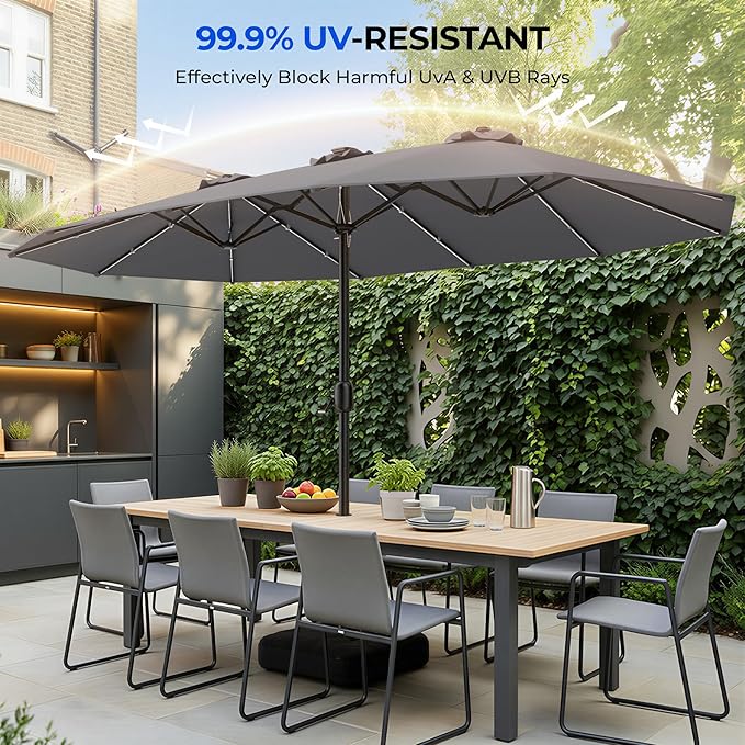 HOMSHADE Double Sided Patio Umbrellas with Base - 15ft RGB Multi-Color Flowing LED Lights Outdoor Extra Large Market Table Umbrella w/Stand, Oversized Umbrella for Deck, Pool, Backyard, Grey