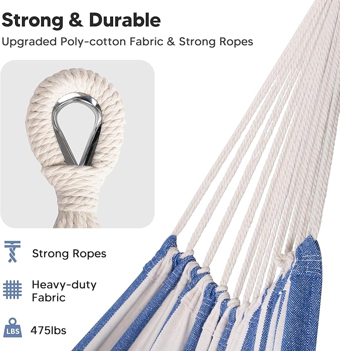 SUNCREAT Hammocks Outdoor Camping Double Hammock for Trees, Backyard Hammock Portable, Blue & White