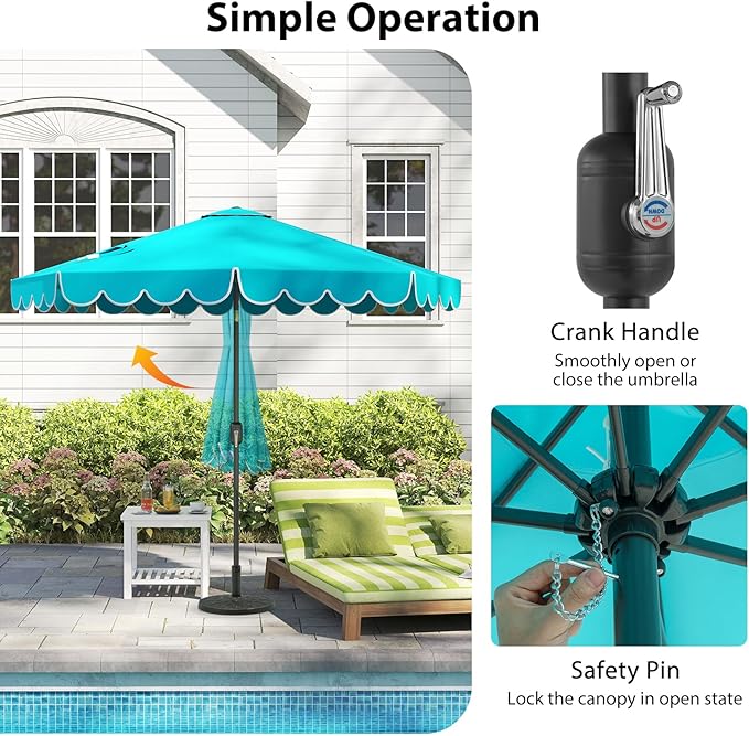 HAPPYGRILL 10 FT Patio Umbrella, Market Table Umbrella w/Crank, Push Button Tilt, Ruffled Edges, Vented Top & 8 Ribs, Outdoor Sun Shade for Poolside Backyard Beach