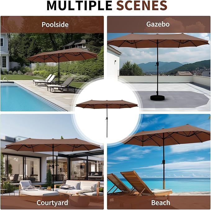 13 ft Patio Umbrella, Large Rectangle Outdoor Umbrella with Strap, Crank, Coffee
