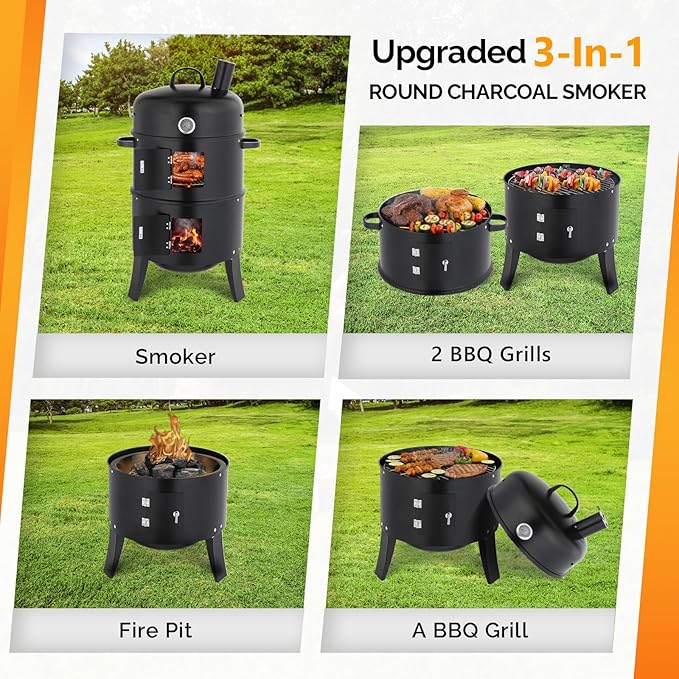 VINGLI Upgraded 18 Inch Vertical Charcoal Smoker, Multi-Layer Round Grill with Thermometer & Chimney, Heavy Duty Outdoor BBQ Smoker for Patio Parties, Backyard Cooking
