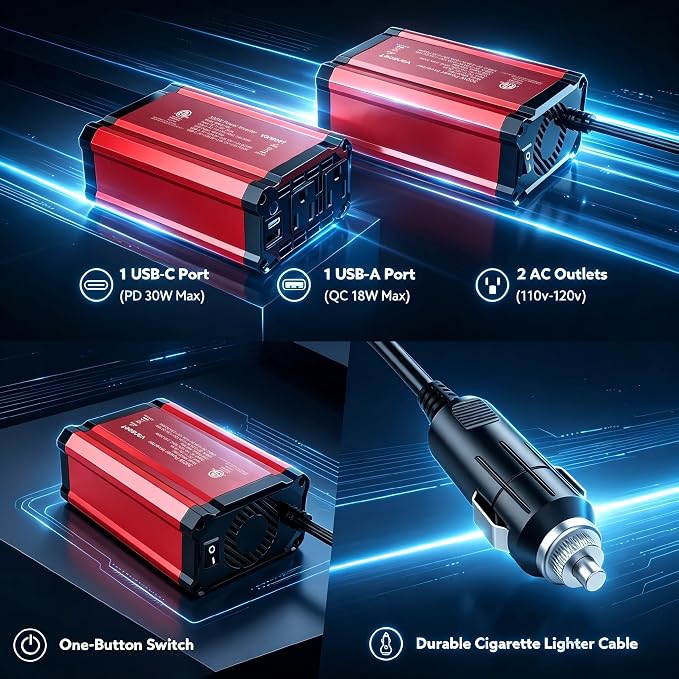 【2026 Upgraded】 300W Car Power Inverter - vansoet DC 12V to 110V AC(2 Outlets) Power Inverters with PD30W & QC18W Fast Charging Port - Car Charger Cigarette Lighter Adapter for Laptop/Phone/Road Trip