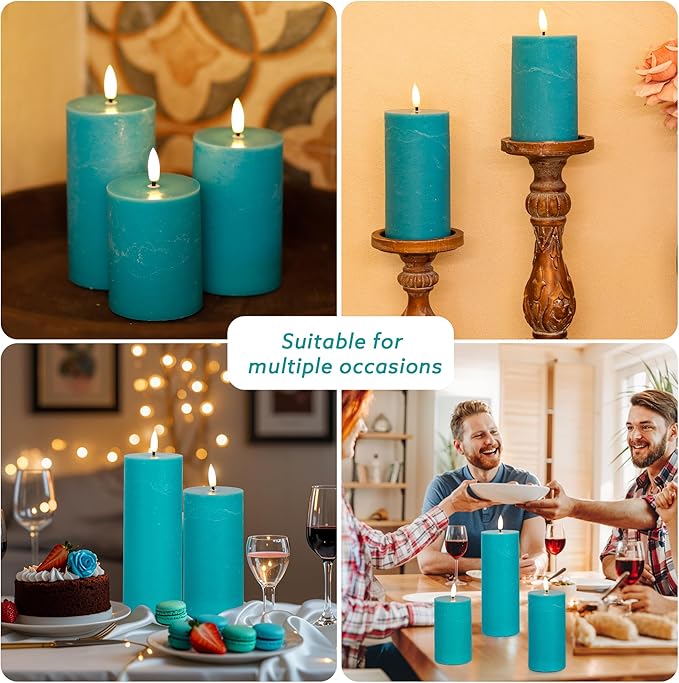 Teal Flameless Candles, Real Wax Battery Operated Candles with Remote, Flat Top Flickering LED Pillar Candles for Home Party Wedding Holiday Decor, Set of 3 (H 4" 5" 6" x D3)
