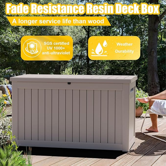 PatioZen 281 Gallon Large Resin Deck Box, Lockable Outdoor Storage Box for Patio Cushions Storage Furniture,Garden Tools, Pool Supplies, Weatherproof and UV Resistant (Grey)