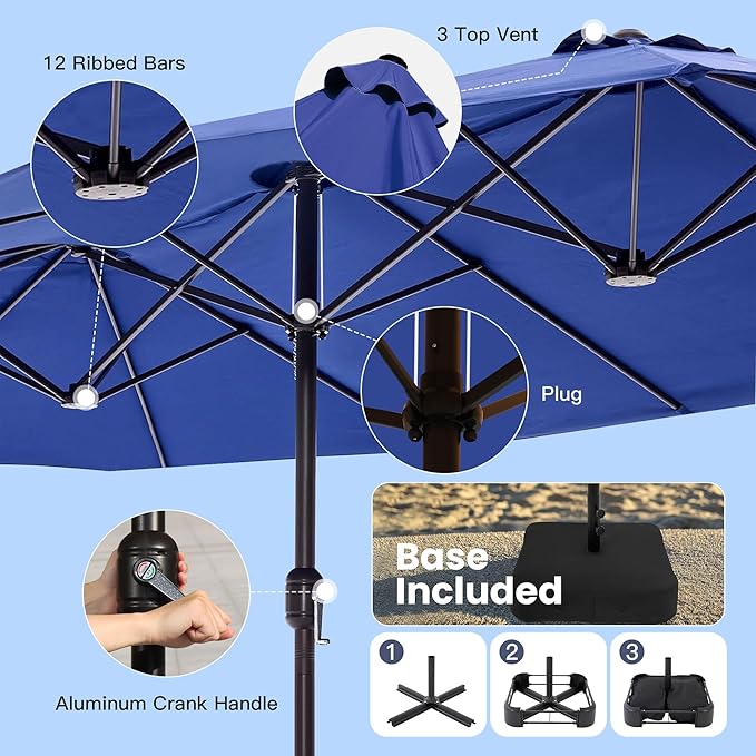 VICLLAX Patio Table and Chairs with Patio Umbrella, 6 Patio Swivel Chairs and Metal Patio Table with 15ft Blue Outdoor Umbrella for Backyard, Navy Blue Chairs & Black Tabletop