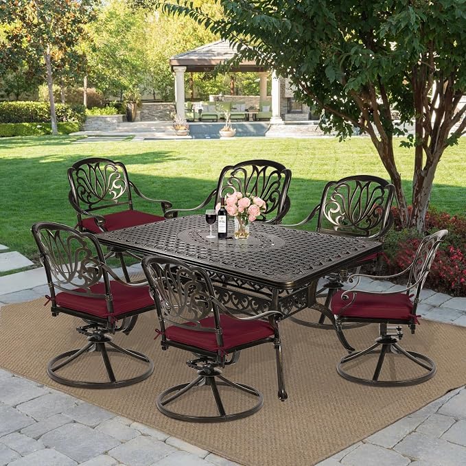 MEETWARM 7-Piece Outdoor Patio Dining Set, All-Weather Cast Aluminum Patio Conversation Set for Backyard Garden Deck with 6 Cushioned Swivel Rocker Chairs, 1 Rectangular Table, Chili Red